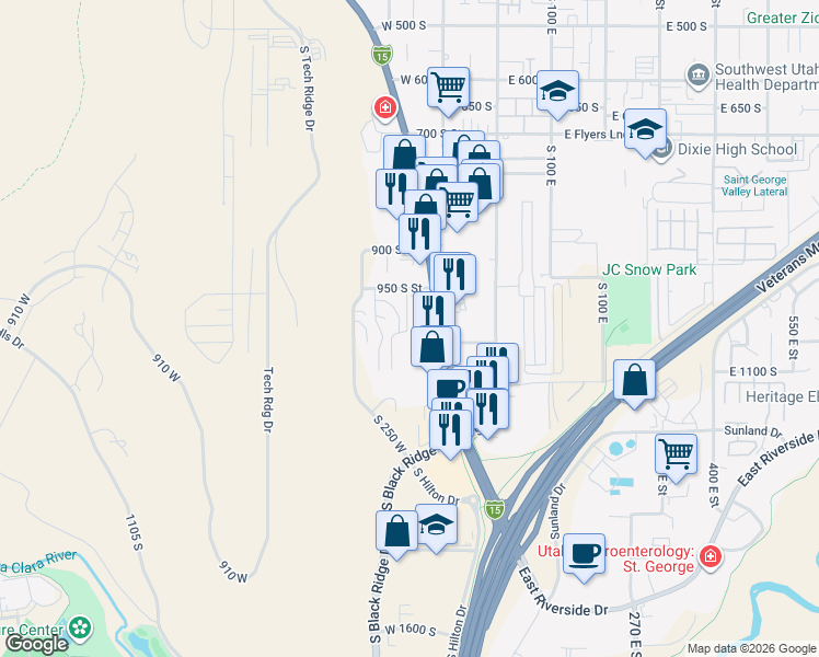map of restaurants, bars, coffee shops, grocery stores, and more near 161 West 950 South in St. George