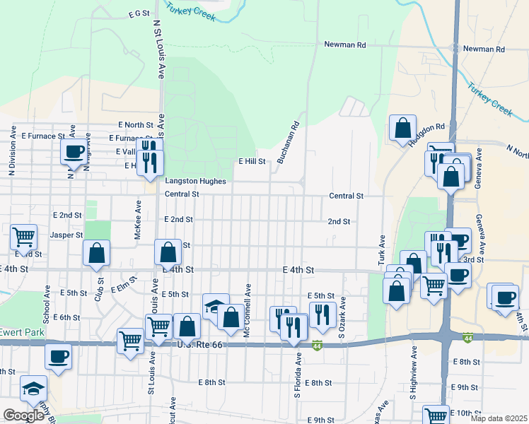 map of restaurants, bars, coffee shops, grocery stores, and more near 117 Patterson Avenue in Joplin
