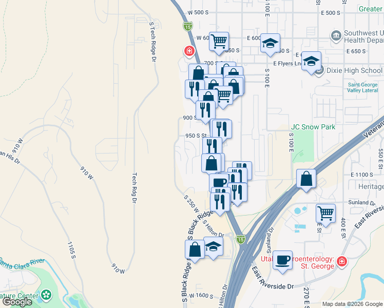 map of restaurants, bars, coffee shops, grocery stores, and more near 161 950 South Street in St. George