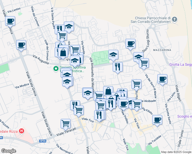 map of restaurants, bars, coffee shops, grocery stores, and more near Via Antonello da Messina in Syracuse