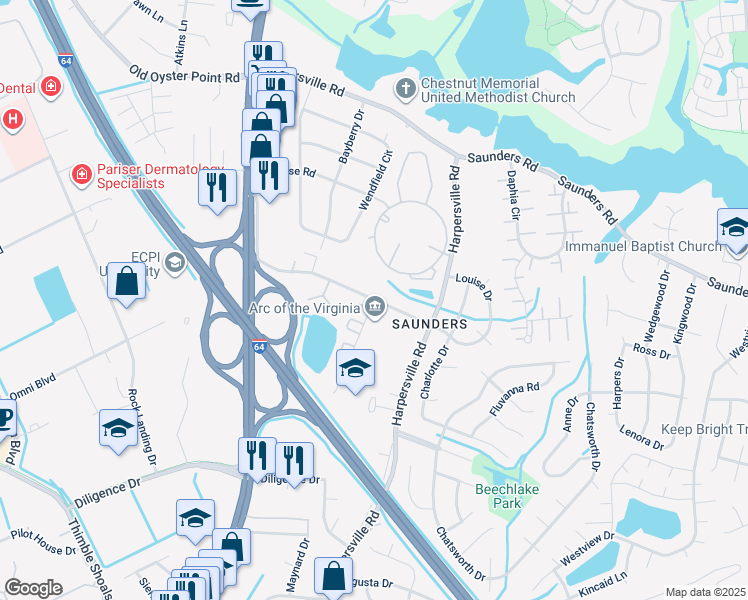 map of restaurants, bars, coffee shops, grocery stores, and more near 183 Louise Drive in Newport News