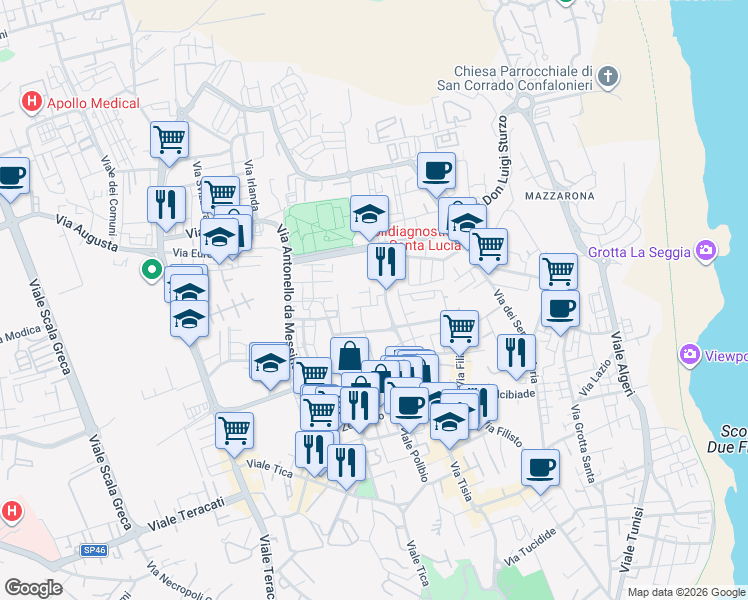 map of restaurants, bars, coffee shops, grocery stores, and more near Via Filippo Juvara in Syracuse