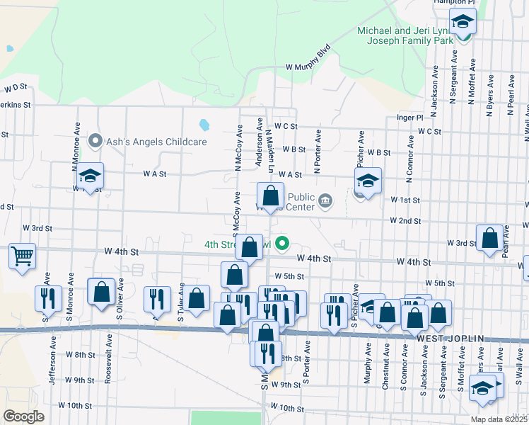 map of restaurants, bars, coffee shops, grocery stores, and more near 130 South Maiden Lane in Joplin