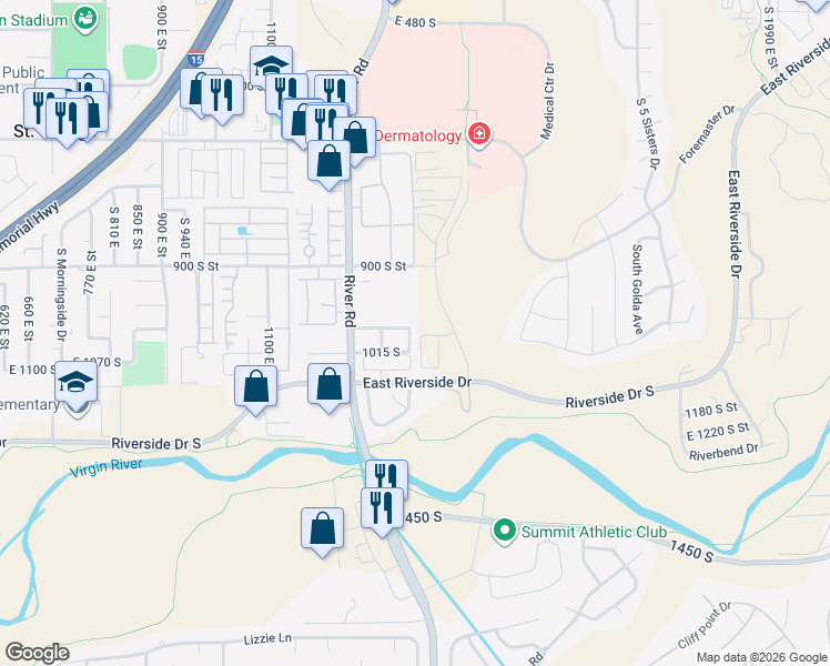 map of restaurants, bars, coffee shops, grocery stores, and more near 1300 East 950 South in St. George