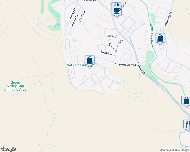 map of restaurants, bars, coffee shops, grocery stores, and more near 1871 West Canyon View Drive in St. George