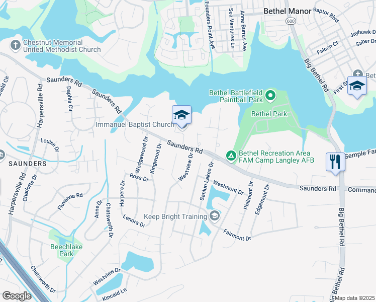 map of restaurants, bars, coffee shops, grocery stores, and more near 1 Westview Drive in Hampton