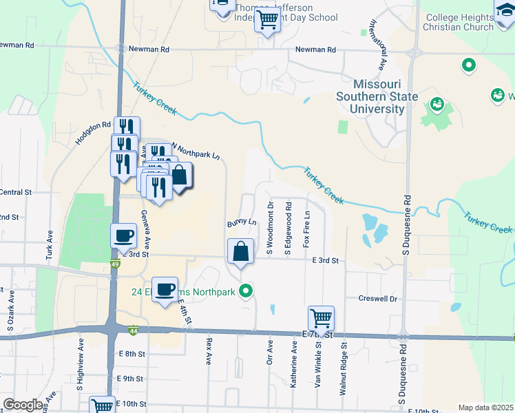 map of restaurants, bars, coffee shops, grocery stores, and more near 151 Friendship Circle in Joplin