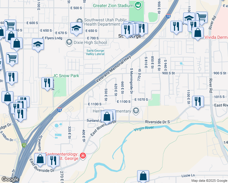 map of restaurants, bars, coffee shops, grocery stores, and more near 608 East 1010 South in St. George