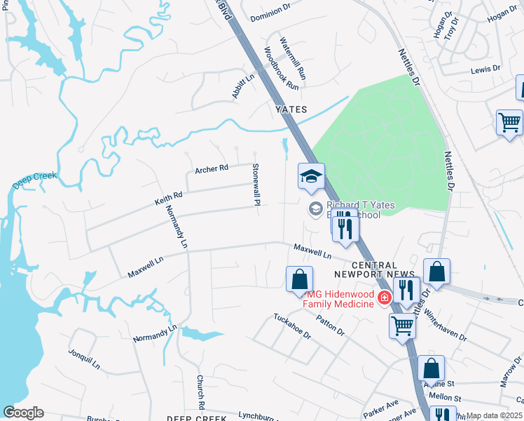 map of restaurants, bars, coffee shops, grocery stores, and more near 96 Stonewall Place in Newport News