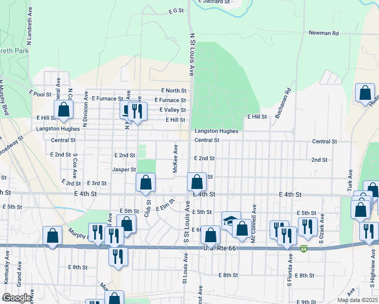 map of restaurants, bars, coffee shops, grocery stores, and more near 129 South Saint Louis Avenue in Joplin