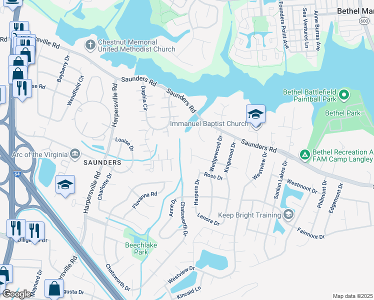 map of restaurants, bars, coffee shops, grocery stores, and more near 35 Crestwood Drive in Newport News