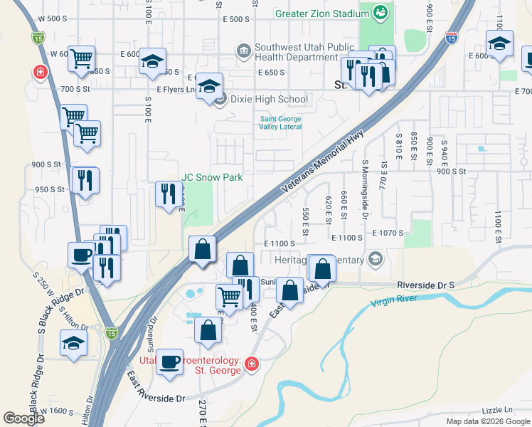 map of restaurants, bars, coffee shops, grocery stores, and more near 1017 South 400 East in St. George
