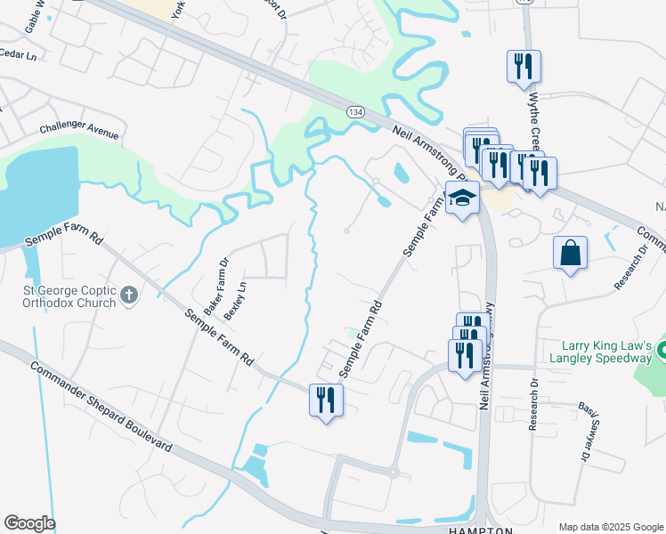 map of restaurants, bars, coffee shops, grocery stores, and more near 18 Firefly Lane in Hampton