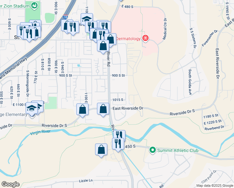 map of restaurants, bars, coffee shops, grocery stores, and more near 1051 South River Road in St. George