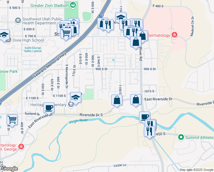 map of restaurants, bars, coffee shops, grocery stores, and more near 1040 East 900 South in St. George