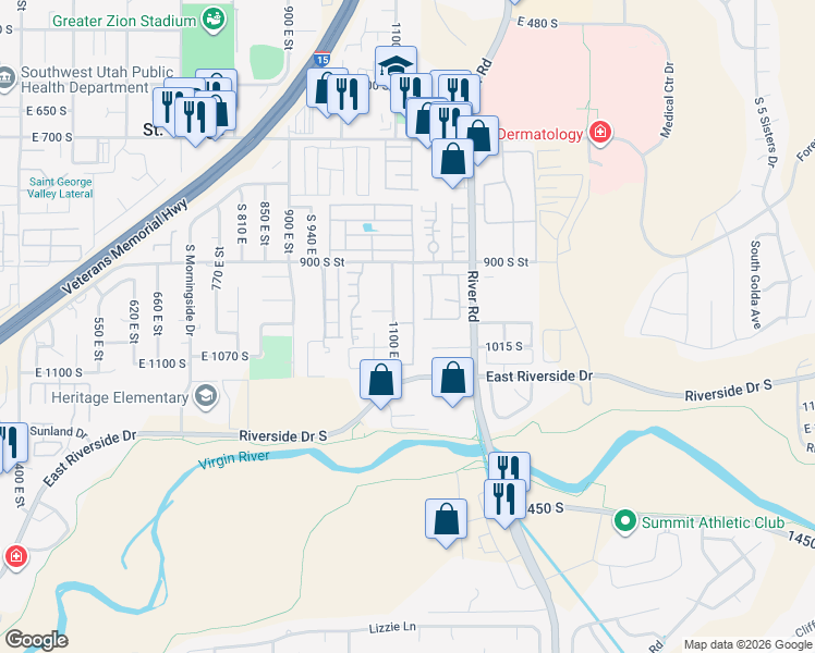 map of restaurants, bars, coffee shops, grocery stores, and more near 28 1010 South in Saint George