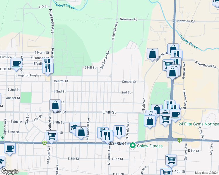 map of restaurants, bars, coffee shops, grocery stores, and more near 120 Florida Avenue in Joplin