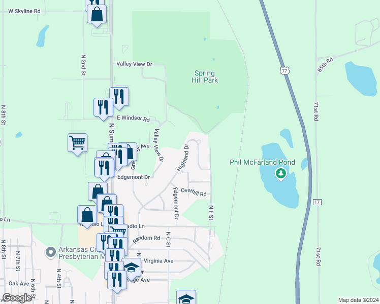 map of restaurants, bars, coffee shops, grocery stores, and more near 611 Highland Drive in Arkansas City