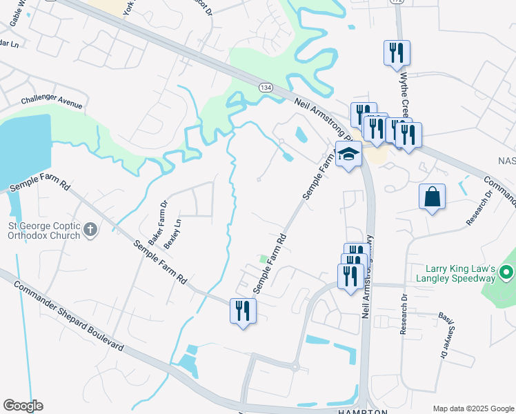 map of restaurants, bars, coffee shops, grocery stores, and more near Firefly Lane in Hampton
