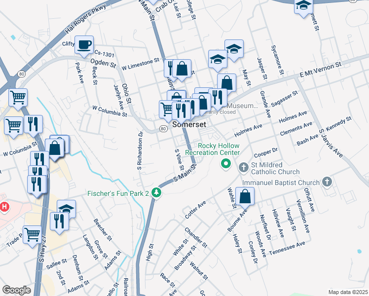 map of restaurants, bars, coffee shops, grocery stores, and more near 203 South Main Street in Somerset