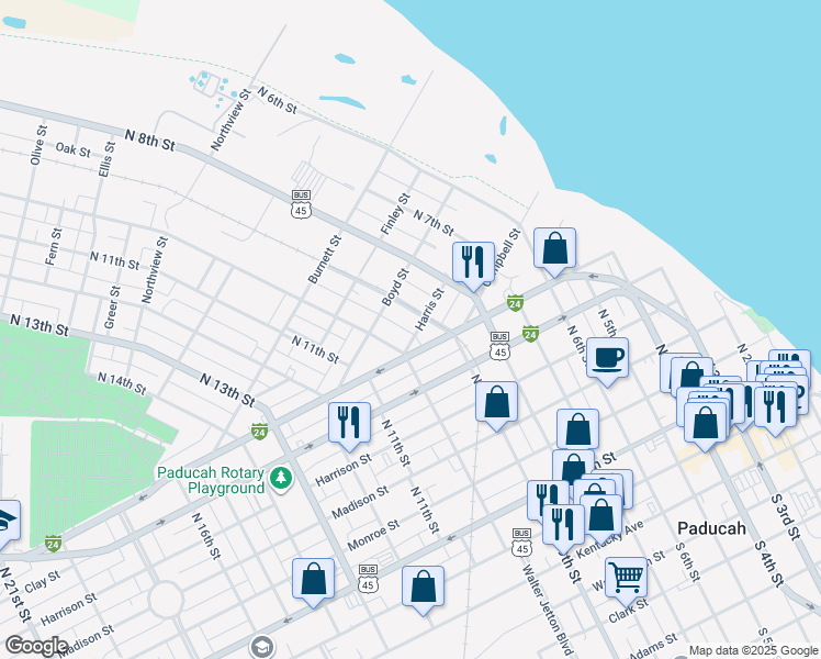 map of restaurants, bars, coffee shops, grocery stores, and more near Harris Street in Paducah