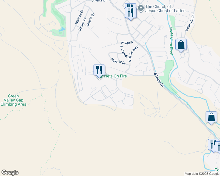 map of restaurants, bars, coffee shops, grocery stores, and more near 1845 West Canyon View Drive in St. George