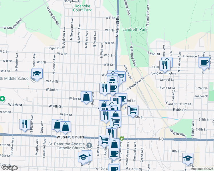 map of restaurants, bars, coffee shops, grocery stores, and more near 200-298 West 1st Street in Joplin
