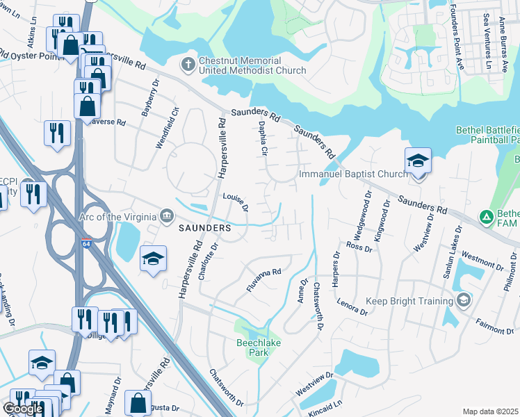 map of restaurants, bars, coffee shops, grocery stores, and more near 461 Saint Egnatios Drive in Newport News