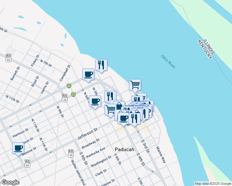 map of restaurants, bars, coffee shops, grocery stores, and more near Park Avenue in Paducah