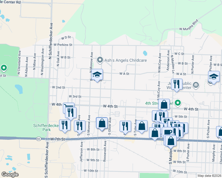 map of restaurants, bars, coffee shops, grocery stores, and more near 2117 West 2nd Street in Joplin