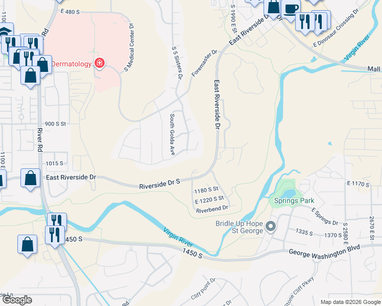 map of restaurants, bars, coffee shops, grocery stores, and more near 1856 East Joe Circle in St. George