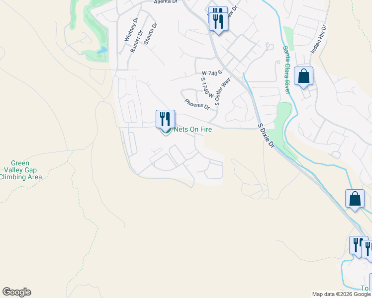 map of restaurants, bars, coffee shops, grocery stores, and more near 1845 West Canyon View Drive in St. George