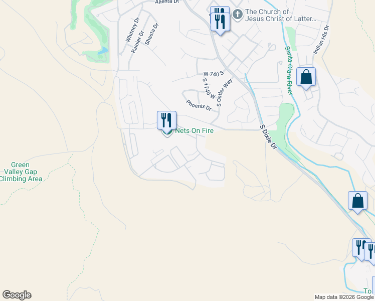 map of restaurants, bars, coffee shops, grocery stores, and more near 1845 West Canyon View Drive in St. George