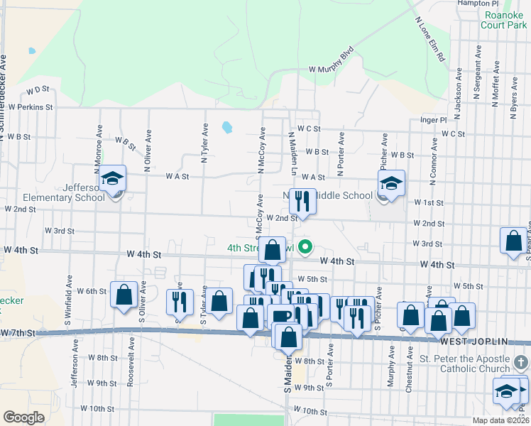map of restaurants, bars, coffee shops, grocery stores, and more near 114 South Mc Coy Avenue in Joplin