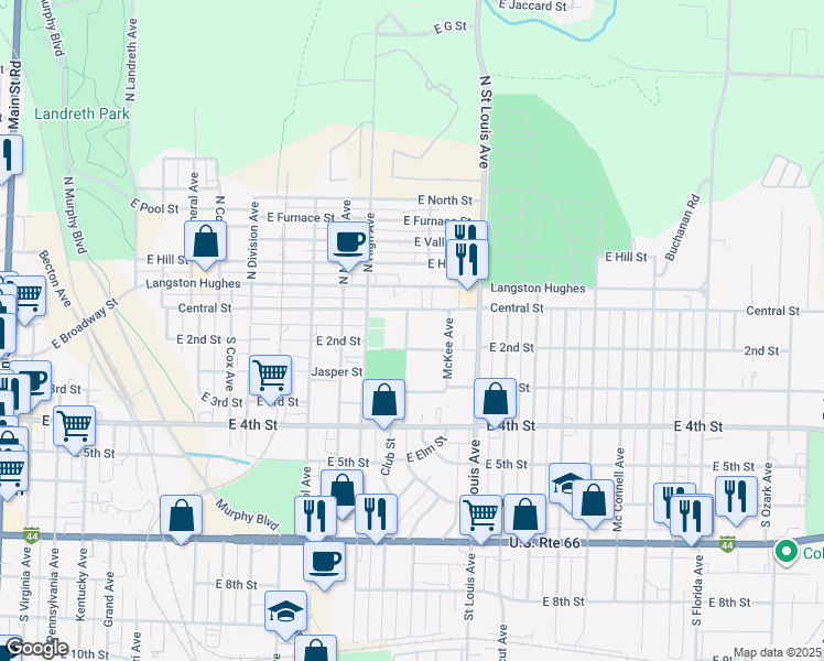 map of restaurants, bars, coffee shops, grocery stores, and more near 227 Comingo Avenue in Joplin