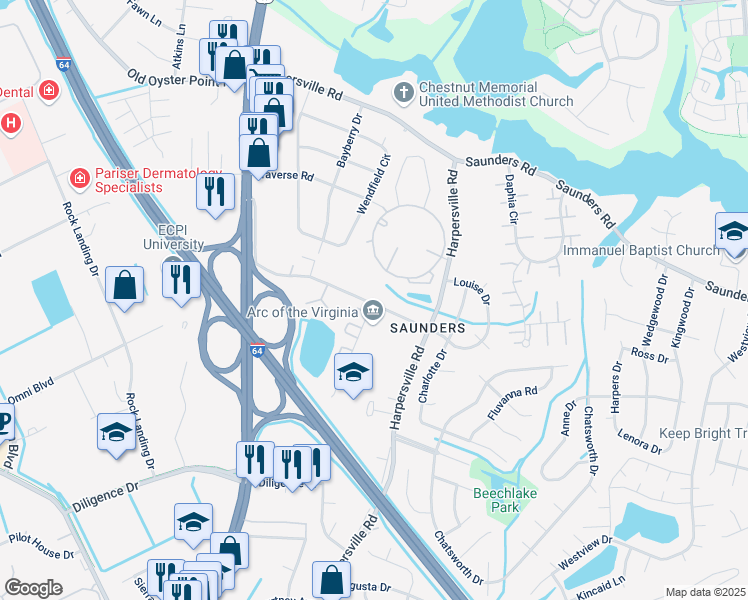 map of restaurants, bars, coffee shops, grocery stores, and more near 183 Louise Drive in Newport News