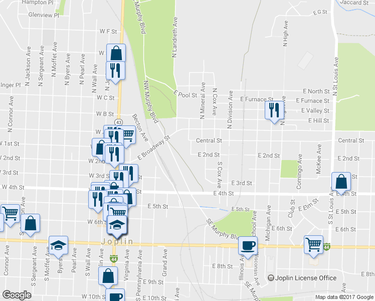 map of restaurants, bars, coffee shops, grocery stores, and more near 222 South Galena Avenue in Joplin