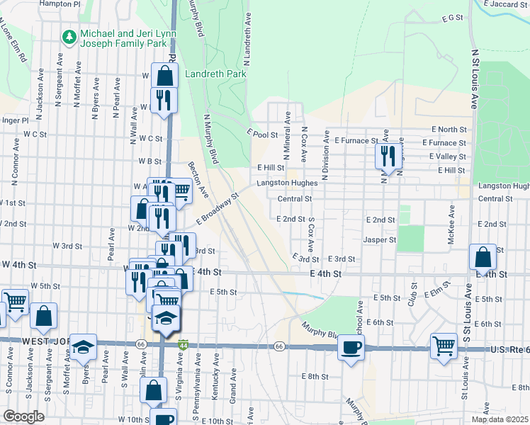 map of restaurants, bars, coffee shops, grocery stores, and more near 222 South Galena Avenue in Joplin