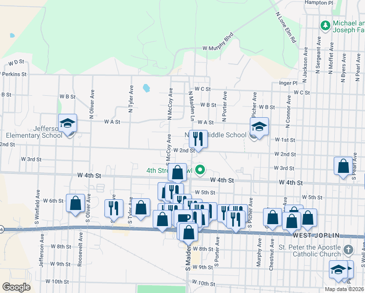map of restaurants, bars, coffee shops, grocery stores, and more near 1619 W 2nd St in Joplin