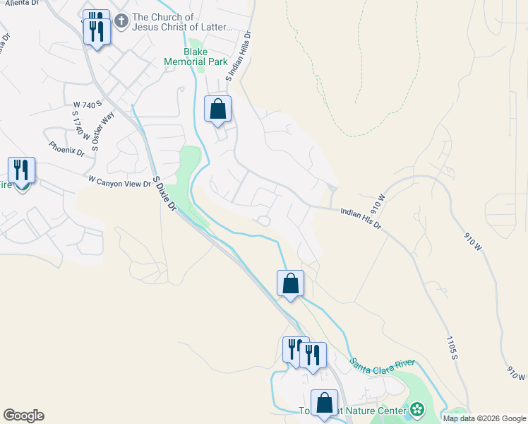 map of restaurants, bars, coffee shops, grocery stores, and more near 1165 West Indian Hills Drive in St. George