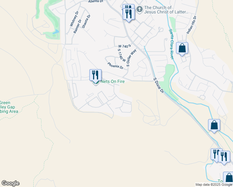 map of restaurants, bars, coffee shops, grocery stores, and more near 1845 West Canyon View Drive in St. George