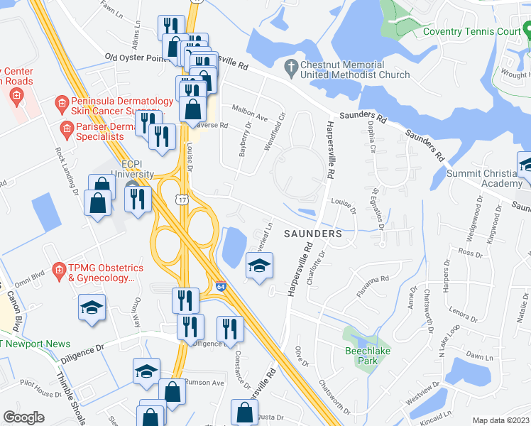map of restaurants, bars, coffee shops, grocery stores, and more near Louise Drive in Newport News