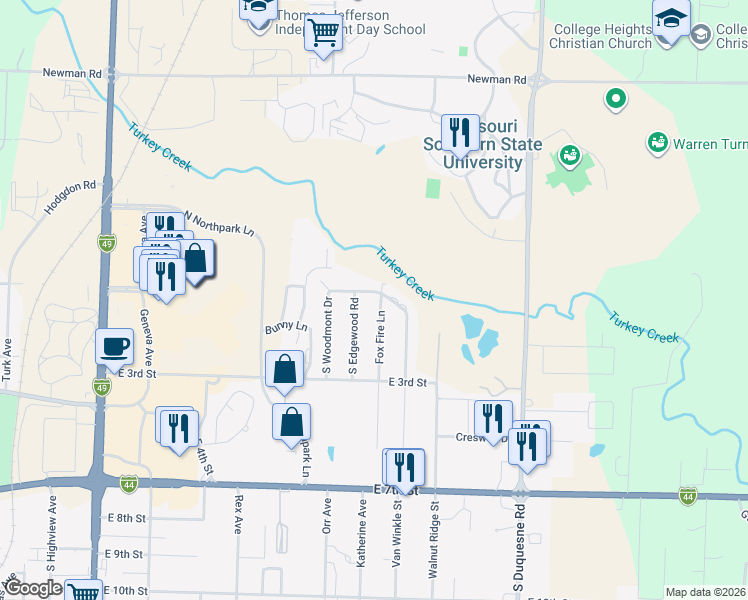 map of restaurants, bars, coffee shops, grocery stores, and more near 104 Foxfire Lane in Joplin
