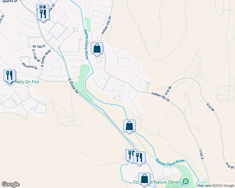 map of restaurants, bars, coffee shops, grocery stores, and more near 1165 West Indian Hills Drive in St. George