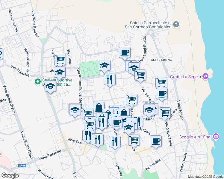 map of restaurants, bars, coffee shops, grocery stores, and more near 59 Via Daniele Monteleoni in Siracusa