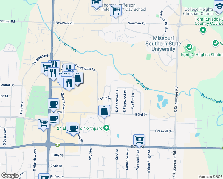 map of restaurants, bars, coffee shops, grocery stores, and more near 151-199 Friendship Circle in Joplin