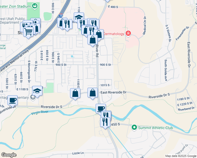map of restaurants, bars, coffee shops, grocery stores, and more near 1015 South River Road in St. George