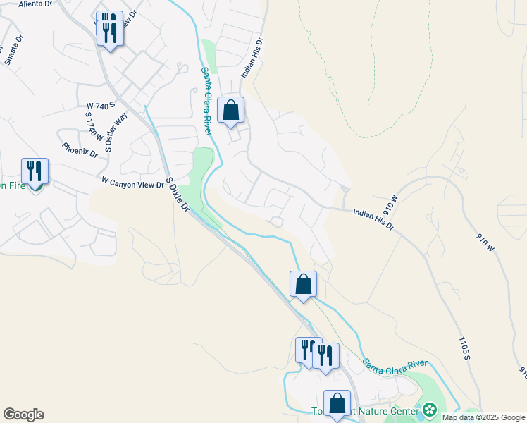 map of restaurants, bars, coffee shops, grocery stores, and more near 1165 West Indian Hills Drive in St. George