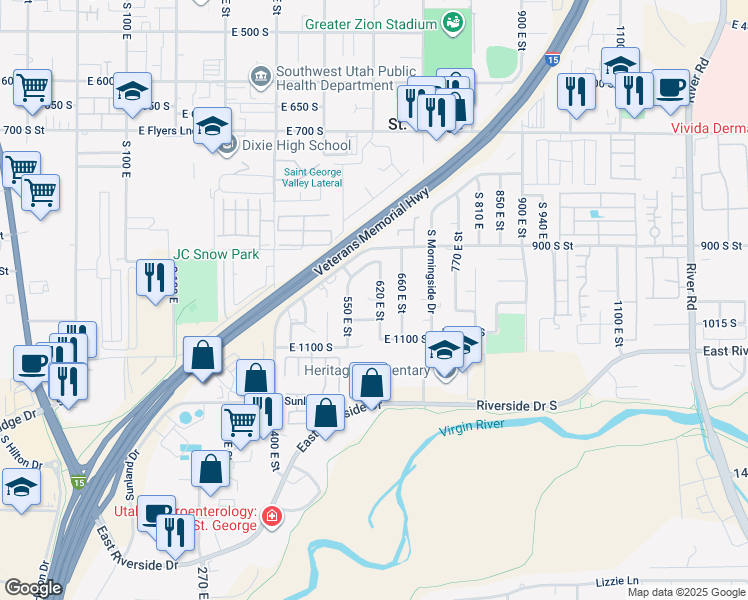 map of restaurants, bars, coffee shops, grocery stores, and more near 608 East 1010 South in St. George