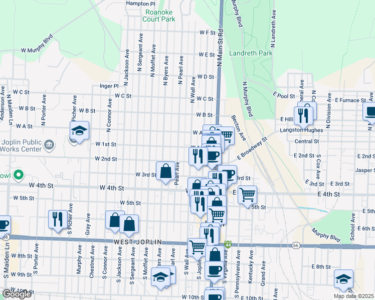 map of restaurants, bars, coffee shops, grocery stores, and more near 200-298 West 1st Street in Joplin
